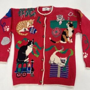 RARE VNTG Design Options Knit Embroidered Cat Bell Holiday Christmas Cardigan (M